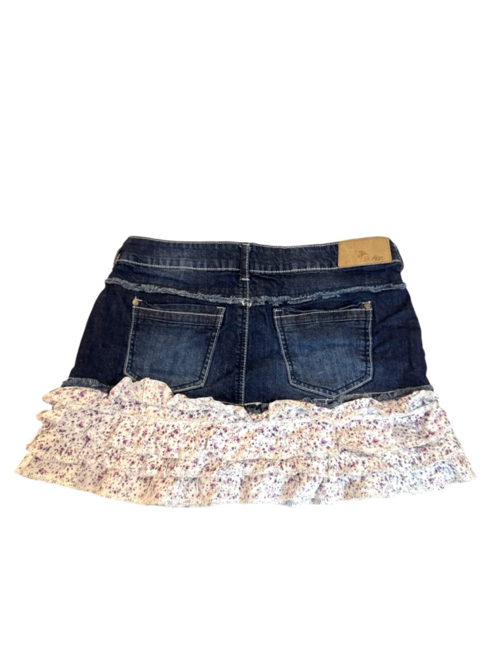 Denim Mini Skirt with Floral Ruffle - Dark Blue - Picture 5 of 6
